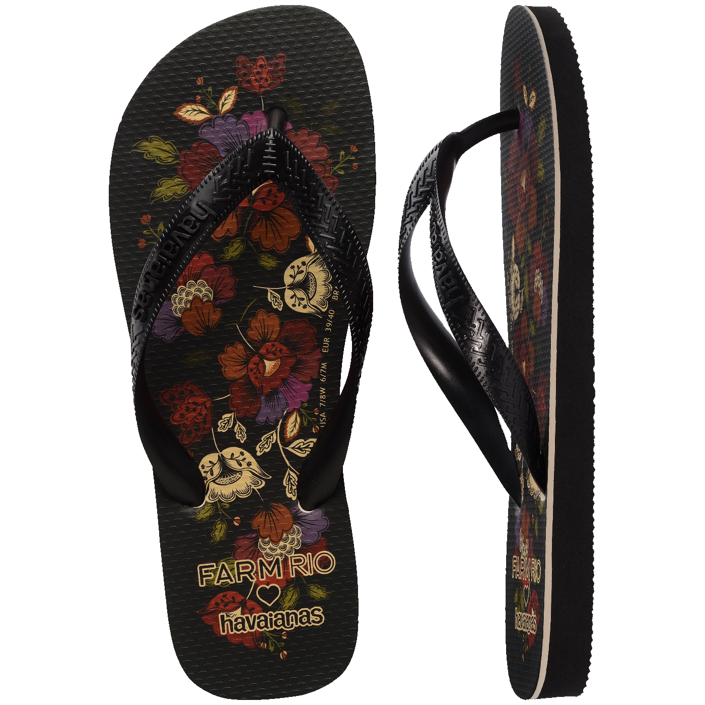 Chinelo Farm Flor de Fita Feminino Confortável Estampado Preto Verão